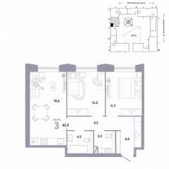 ЖК «Страна.Заречная», планировка 3-комнатной квартиры, 62.30 м²