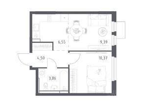 ЖК «Мытищи Парк», планировка 1-комнатной квартиры, 34.67 м²