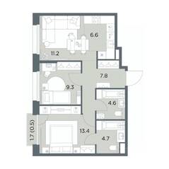 ЖК «Станиславский», планировка 3-комнатной квартиры, 58.10 м²