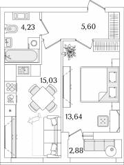 ЖК «Лайнеръ», планировка 1-комнатной квартиры, 39.94 м²