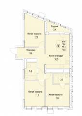 ЖК «Отрадный», планировка 3-комнатной квартиры, 75.10 м²
