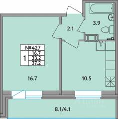 ЖК «Удача», планировка 1-комнатной квартиры, 37.30 м²