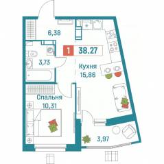 ЖК «Графика», планировка 1-комнатной квартиры, 38.27 м²