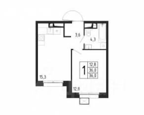 ЖК «Берег», планировка 1-комнатной квартиры, 36.00 м²