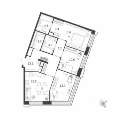 МФК «Voxhall», планировка 3-комнатной квартиры, 84.90 м²