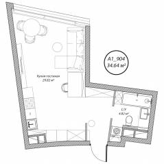 Апарт-комплекс Клубный дом «Рублево», планировка студии, 34.60 м²