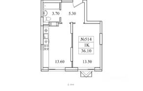 ЖК «Видный берег 2», планировка 1-комнатной квартиры, 36.10 м²