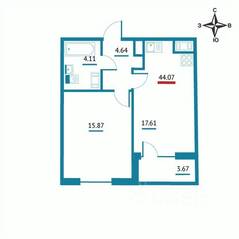 ЖК «Левитан», планировка 1-комнатной квартиры, 44.07 м²
