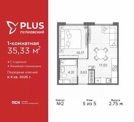 ЖК «Plus Пулковский», планировка 1-комнатной квартиры, 35.33 м²