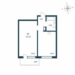 ЖК «Расцветай в Янино», планировка 1-комнатной квартиры, 40.90 м²