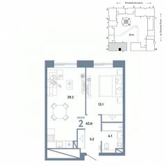 ЖК «Страна.Заречная», планировка 2-комнатной квартиры, 42.60 м²