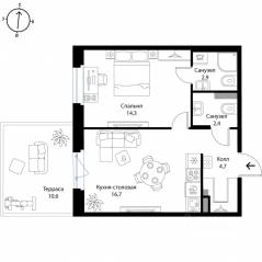МЖК «Экография», планировка 1-комнатной квартиры, 44.20 м²