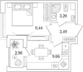 ЖК «Гранат», планировка 1-комнатной квартиры, 29.24 м²