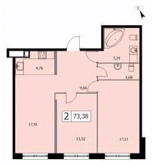 ЖК «Self», планировка 2-комнатной квартиры, 73.30 м²