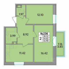 ЖК «Рождественский квартал», планировка 2-комнатной квартиры, 55.98 м²