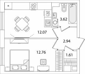 ЖК «Кинопарк», планировка 1-комнатной квартиры, 33.00 м²