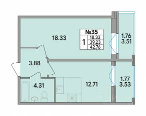 ЖК «Рождественский квартал», планировка 1-комнатной квартиры, 42.76 м²