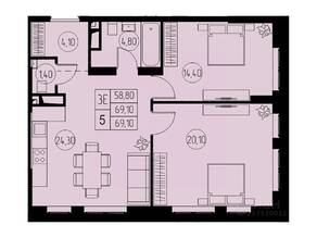 ЖК «31 квартал», планировка 3-комнатной квартиры, 69.10 м²