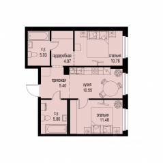 ЖК «ID Murino III», планировка 2-комнатной квартиры, 53.99 м²