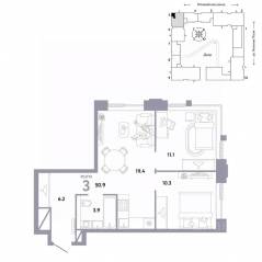 ЖК «Страна.Заречная», планировка 3-комнатной квартиры, 50.90 м²
