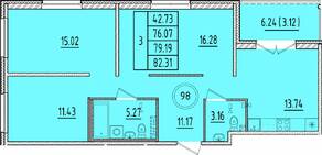 МЖК «Образцовый квартал 17», планировка 3-комнатной квартиры, 76.07 м²