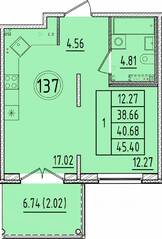 МЖК «Образцовый квартал 17», планировка 1-комнатной квартиры, 38.66 м²