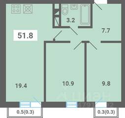 МЖК «Южная Долина», планировка 2-комнатной квартиры, 51.80 м²