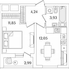 ЖК «Лайнеръ», планировка 1-комнатной квартиры, 33.57 м²