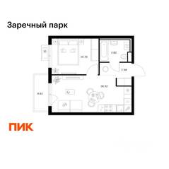 ЖК «Заречный парк», планировка 1-комнатной квартиры, 35.16 м²