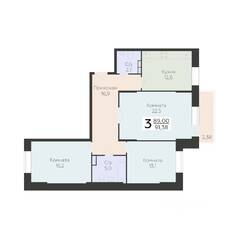ЖК «Арт-квартал Онегин», планировка 3-комнатной квартиры, 91.38 м²