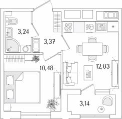 ЖК «Гранат», планировка 1-комнатной квартиры, 30.69 м²