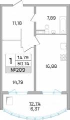 ЖК «Дом-Мегалит в Королёве», планировка 1-комнатной квартиры, 50.40 м²
