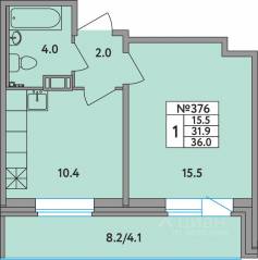 ЖК «Удача», планировка 1-комнатной квартиры, 36.00 м²