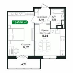 ЖК «Sertolovo Park», планировка 1-комнатной квартиры, 40.02 м²