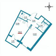 ЖК «Левитан», планировка 1-комнатной квартиры, 38.61 м²