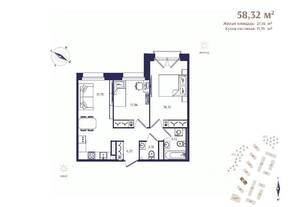 ЖК «Ranta Residence», планировка 2-комнатной квартиры, 58.32 м²