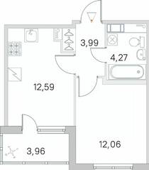 ЖК «Югтаун. Олимпийские кварталы», планировка 1-комнатной квартиры, 34.89 м²