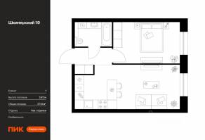 ЖК «Шкиперский 19», планировка 1-комнатной квартиры, 37.60 м²