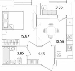 ЖК «Гранат», планировка 1-комнатной квартиры, 33.44 м²