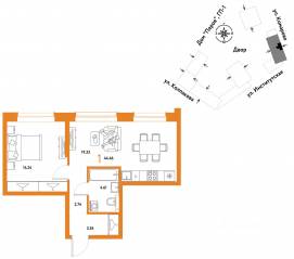 ЖК «Страна.Парковая», планировка 1-комнатной квартиры, 44.46 м²