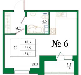 ЖК «Орловский бульвар», планировка студии, 34.10 м²