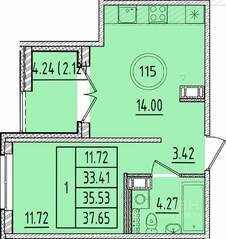 МЖК «Образцовый квартал 17», планировка 1-комнатной квартиры, 33.41 м²