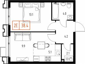 ЖК «Skolkovo One», планировка 1-комнатной квартиры, 38.40 м²