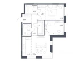 ЖК «Заречье Парк», планировка 2-комнатной квартиры, 68.14 м²