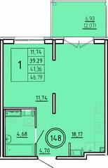 МЖК «Образцовый квартал 16», планировка 1-комнатной квартиры, 39.29 м²