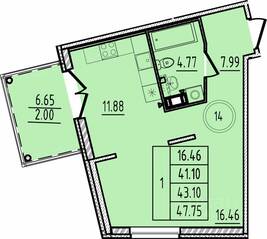 МЖК «Образцовый квартал 14», планировка 1-комнатной квартиры, 41.10 м²