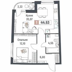 ЖК «Авиатор» (Девяткино), планировка 1-комнатной квартиры, 44.63 м²