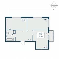 ЖК «Расцветай в Янино», планировка 2-комнатной квартиры, 59.80 м²