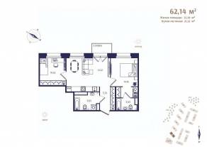 ЖК «Ranta Residence», планировка 2-комнатной квартиры, 62.14 м²
