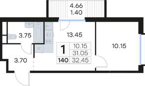 ЖК «GloraX Парголово», планировка 1-комнатной квартиры, 32.40 м²